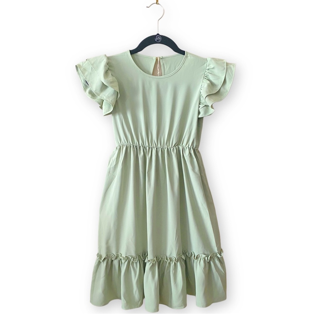 Hattiycat Girls 10 Sage Green A Line Flutter Double Layer Ruffle Sleeve Dress